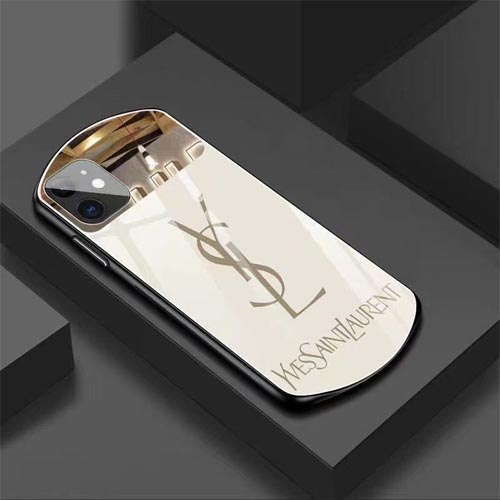 イブサンローラン ミラー付き iPhone15 ケース 背面ガラス 楕円形